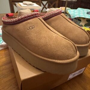 UGG Tan Mules with Red Trim
